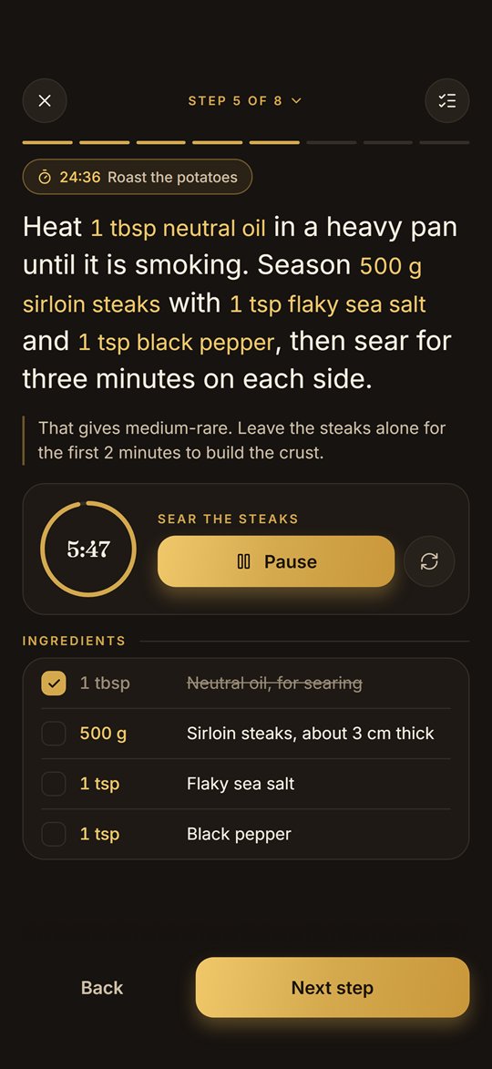 Dish AI cooking mode: step 5 of 8 with a sear timer running