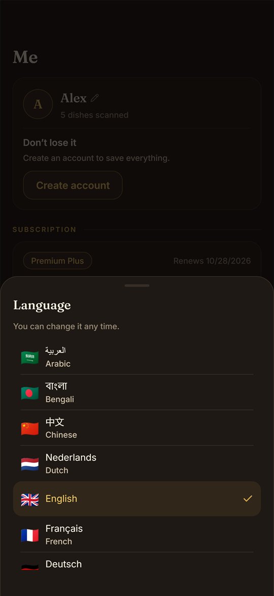 Dish AI language picker showing 19 languages