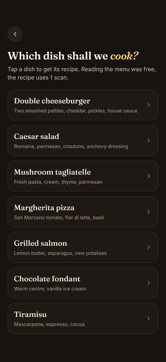 Dish AI menu scan result: a list of dishes to choose from