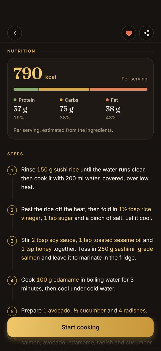 Dish AI nutrition card: 790 kcal with protein, carbs and fat per serving