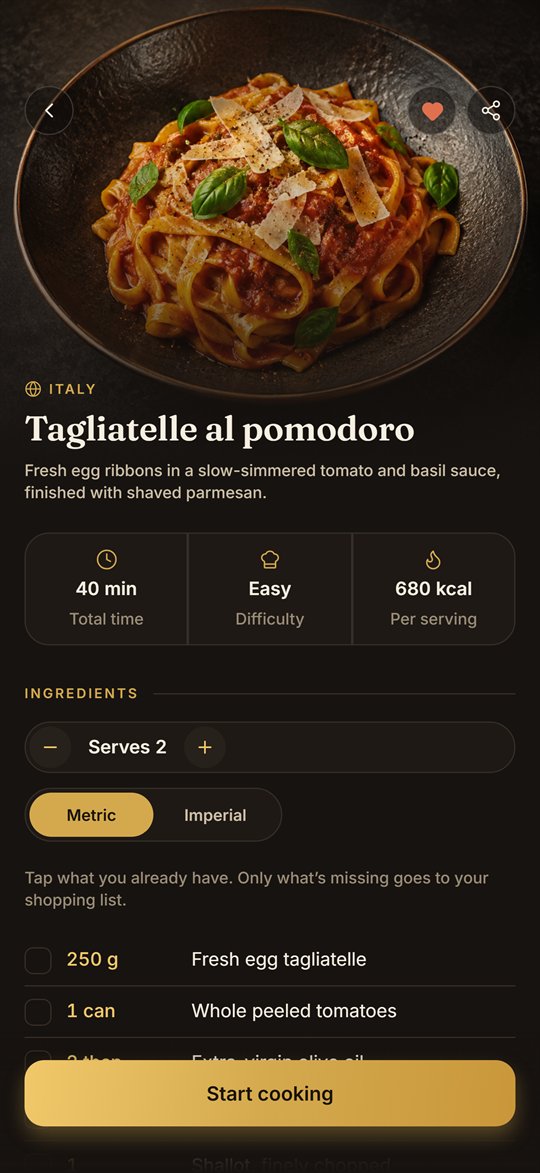 Dish AI recipe screen for tagliatelle al pomodoro with time, difficulty, calories and ingredients