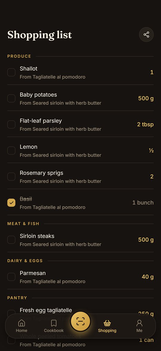 Dish AI shopping list grouped by aisle