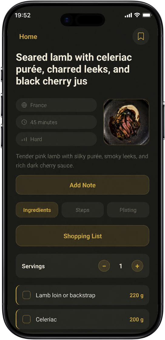 Dish AI recipe result screen showing the seared lamb recipe with ingredients