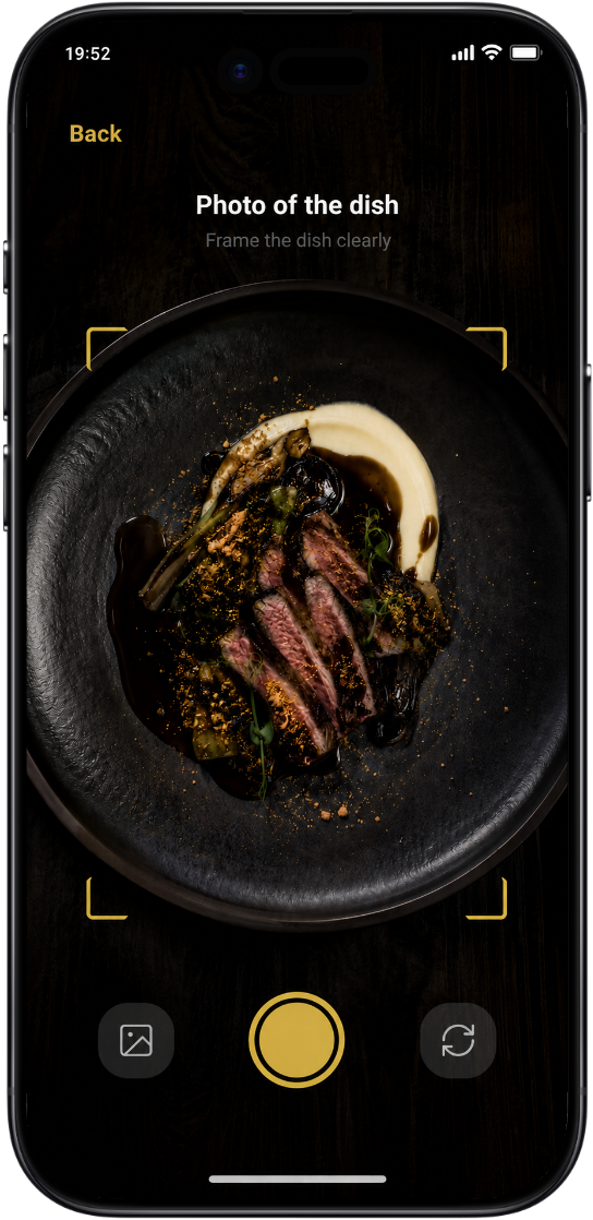 Dish AI camera screen framing a plated dish, ready to scan